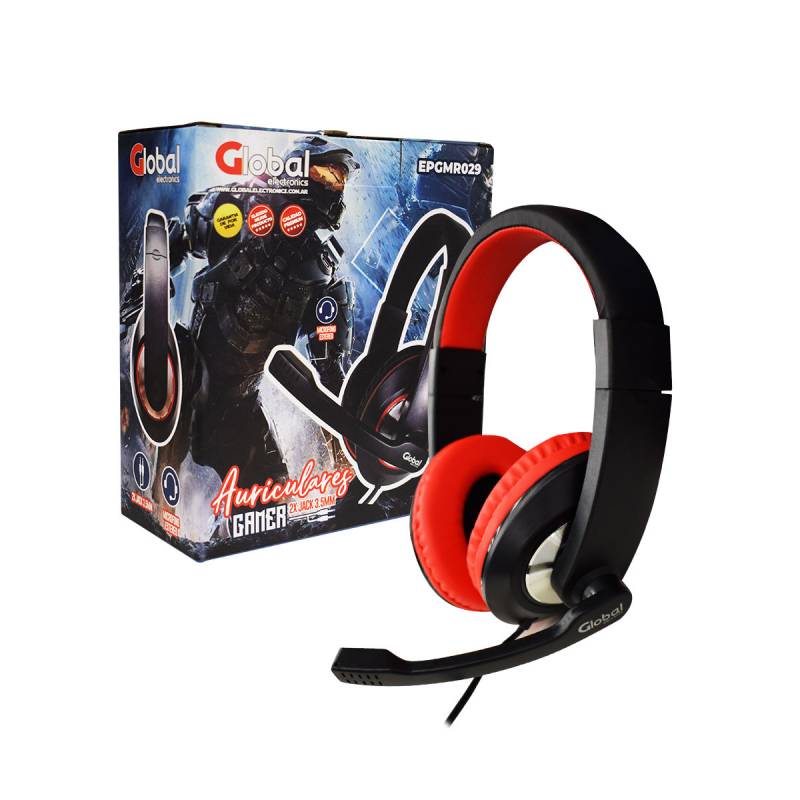 Auricular Gamer Con Microfono Stereo Con Cable Jack 3.5 Color Negro/rojo - Global Electronics (caja X 40)  - Of.