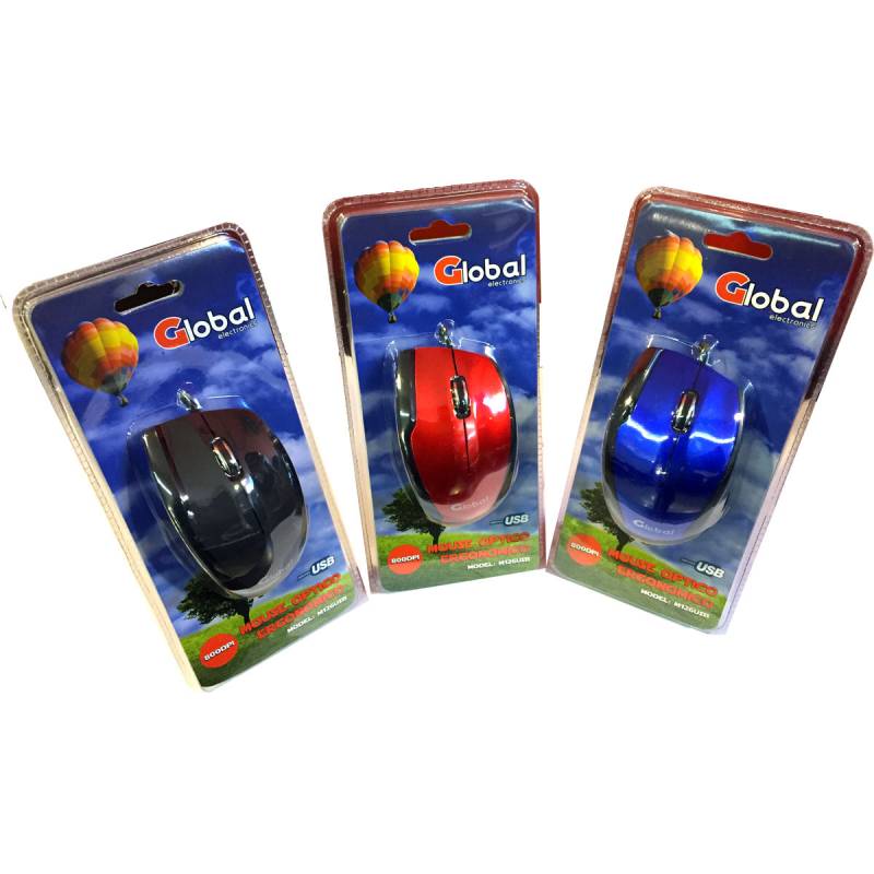 Mouse Optico Con Rueda Scroll Con Cable Usb Color Azul & Negro En Blister - Global Electronics (caja X 60)