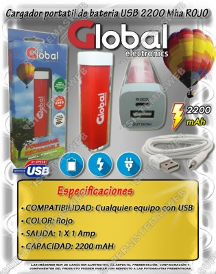 Cargador De Bateria Portátil Usb 2200 Mah Color Rojo - Global Electronics (caja X 100)