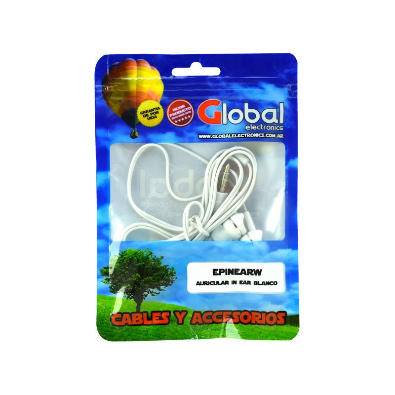 Auricular In Ear Con Cable Plug Fino Jack 3.5mm Stereo Color Blanco - Global Electronics (caja X 750)