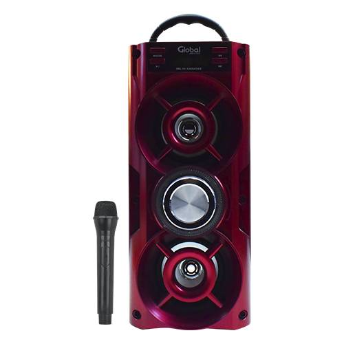 Parlante Bluetooth Premium Torre Doble Con 2 X 10w - Micrófono Karaoke Con Cable - Fm - Sd - Aux - Usb - Batería 1200ma Color Rojo - Global Electronics (caja X
